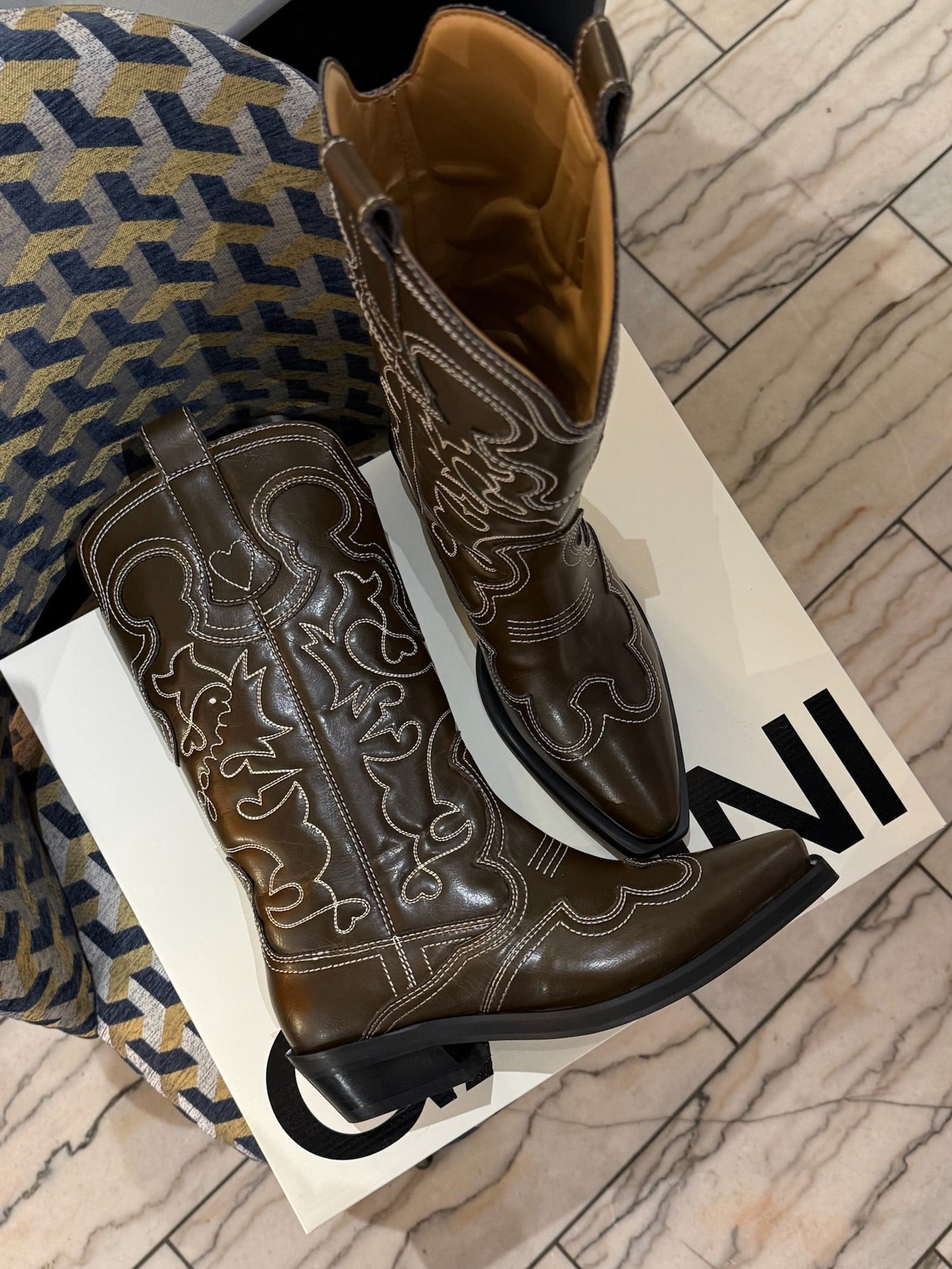 GANNI Mid Shaft Embroidered Western Boot Oleatex