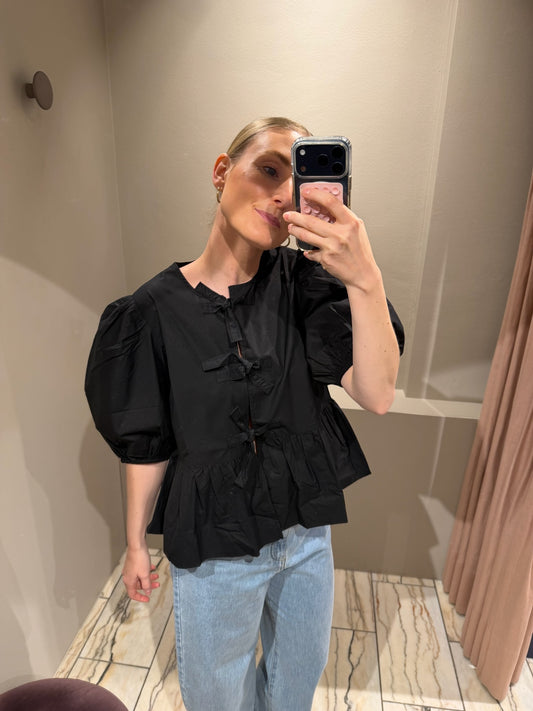GANNI Cotton Poplin Peplum Blouse Black