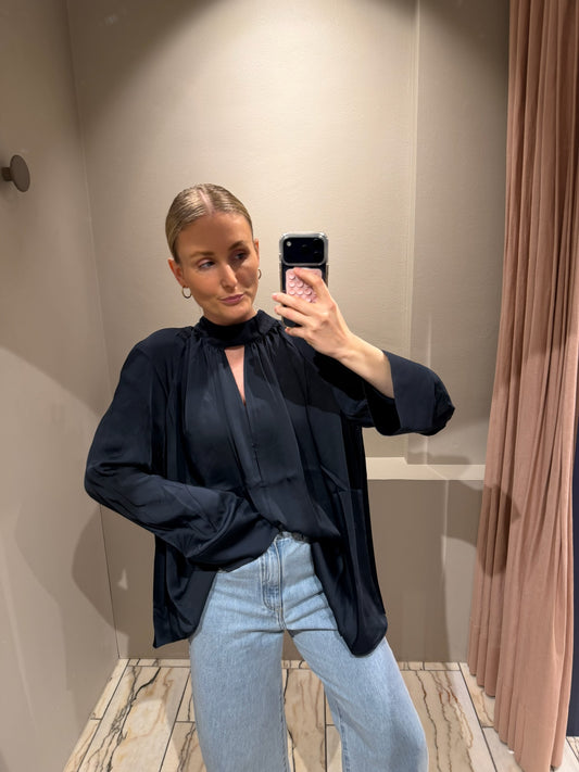 Rotate Satin Bow Shirt Navy