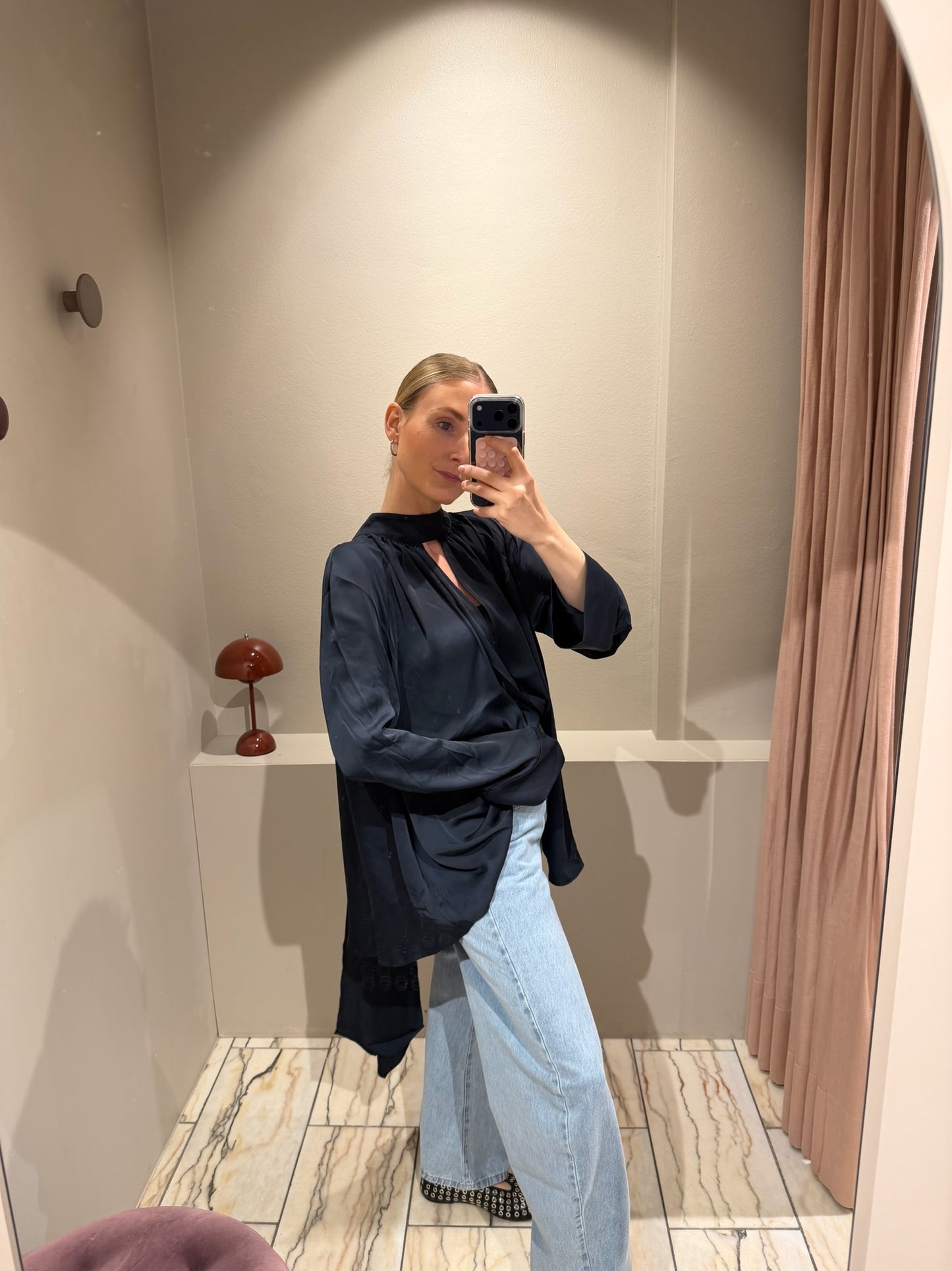 Rotate Satin Bow Shirt Navy