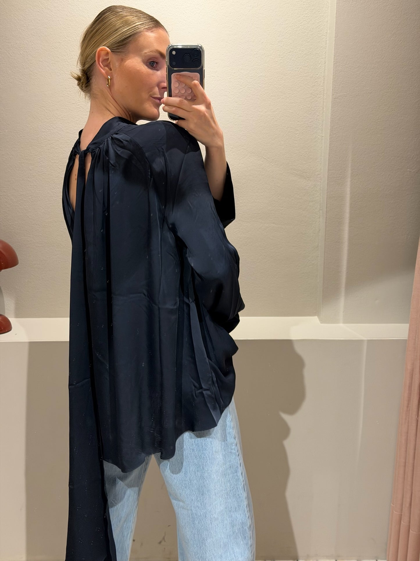 Rotate Satin Bow Shirt Navy