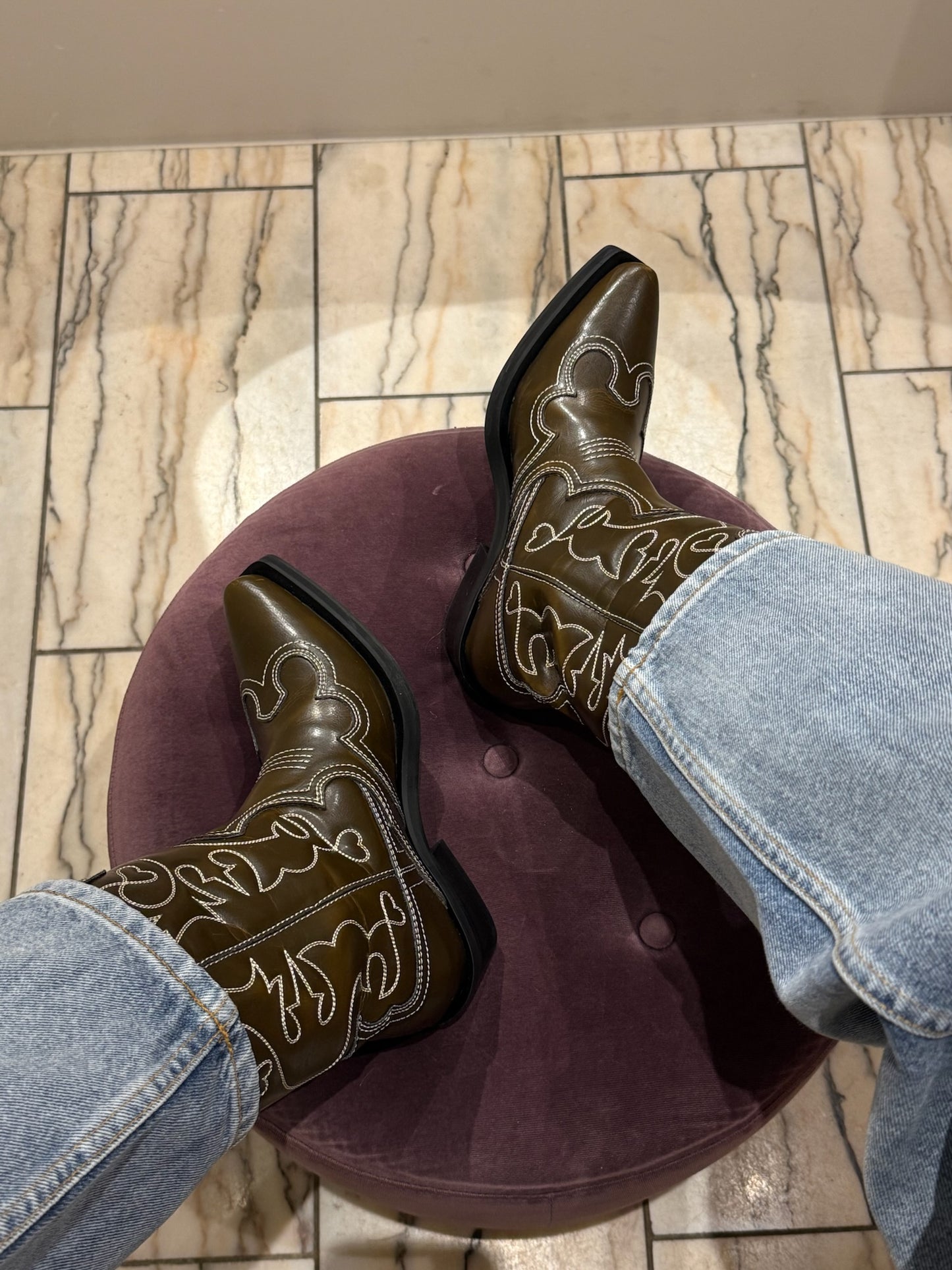 GANNI Mid Shaft Embroidered Western Boot Oleatex