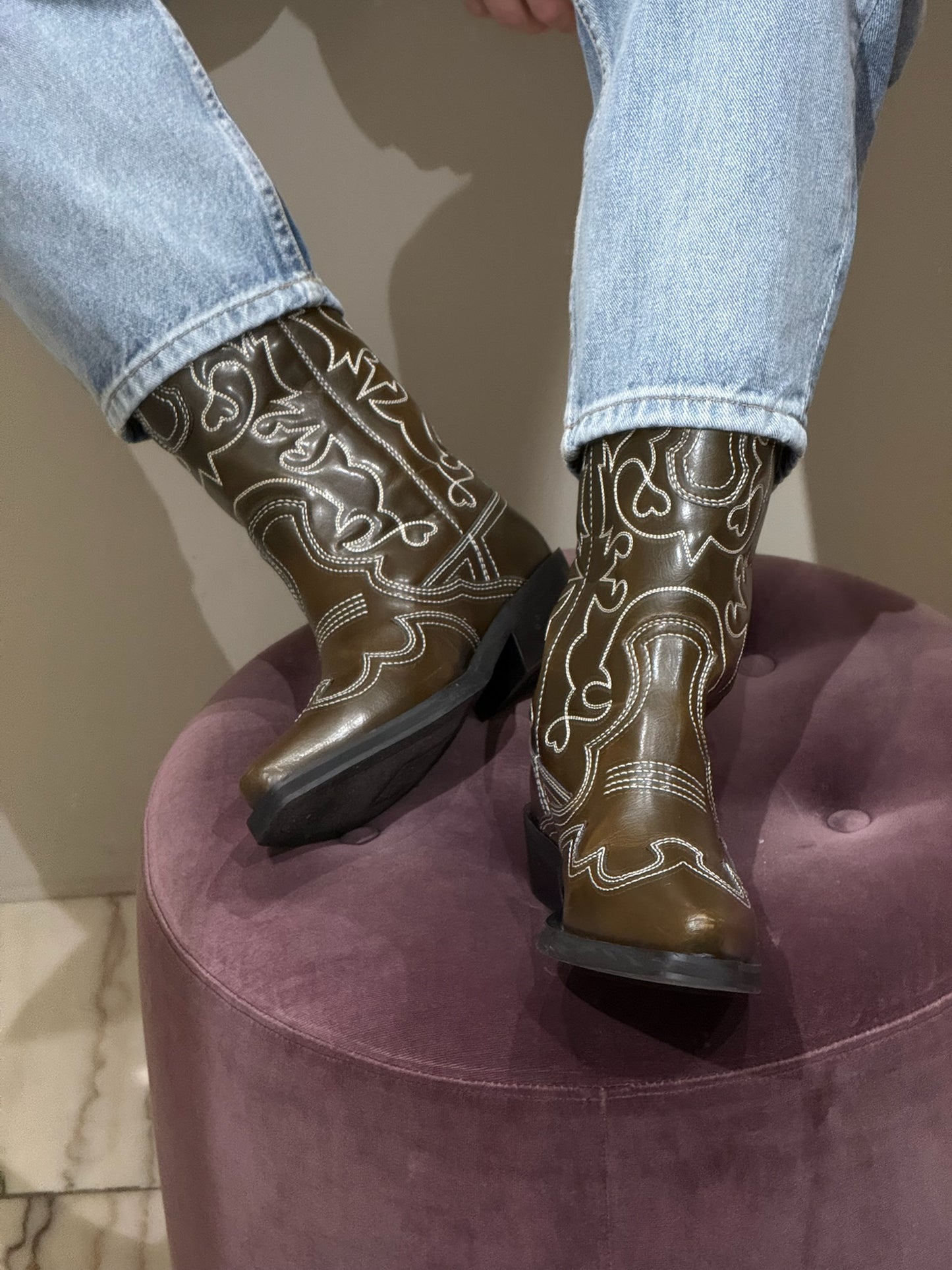GANNI Mid Shaft Embroidered Western Boot Oleatex